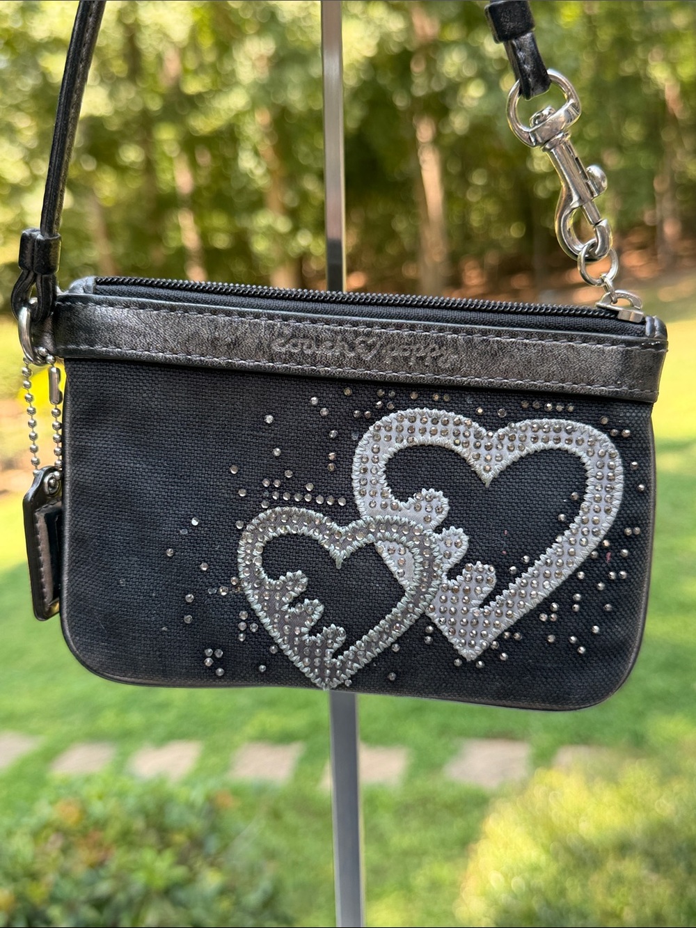 Coach Poppy Heart Black Canvas Rhinestone Tote and WRISTLET 3 HANG TAGS - Picture 9 of 17